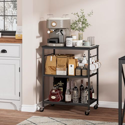 Homleke 3-Tier Rolling Kitchen Microwave Cart, Utility Cart | with Lockable Wheels Coffee Bar Table Station with 6 Hooks, Small Appliance Storage Shelf, Black - color: Black