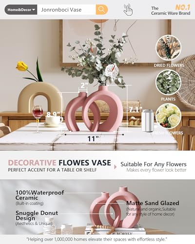 Set of 2 Pink Ceramic Vases for Home Decor Accents - Unique Hollow Donut Artistic Design Coquette Feminine Style Decorative Vases for Shelf, Mantel, Entryway Table Decor (Matte Pink) - color: Matte Pink