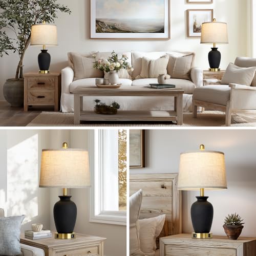 23" Set of 2 Black Ceramic Farmhouse Table Lamp with Ginger Jar Design, Bedside USB Lamps for Living Room,Dining Room,Bedroom,Office,Nightstand,End Table - color: Black