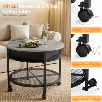VINGLI 27" Round Lift Top Coffee Table with Wheels & Lights, Black & Grey | Removable Coffee Table with Hidden Compartment Storage & Metal Shelf, Small Farmhouse Coffee Tables for Living Room, Office - color: Black & Grey