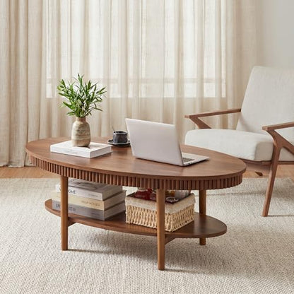 Turtle&Myrtle Oval Coffee Table, Mid-Century Modern Fluted Coffee Tables with 2-Tier Storage Shelf, 39.4" Wood Small Center Table for Living Room, Office, Easy Assembly, Walnut Brown