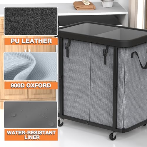Laundry Basket with Wheels,190L (50 Gal) Laundry Hamper 2 Setion - Gray | Leather Patchwork,Sturdy Metal Frame, Removable Washable Bag, Tall Clothes Sorter for Bedroom - color: Gray, size: 2 Section-190L