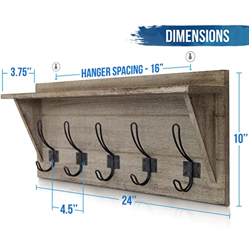 HBCY Creations Rustic Wall Mounted Coat Rack with Shelf - Solid Wood 24" Entryway Shelf with 5 Coat Hangers. Perfect Touch for Your Entryway, Mudroom, Kitchen, Bathroom and More, Weathered Brown - color: 5- Weathered Brown