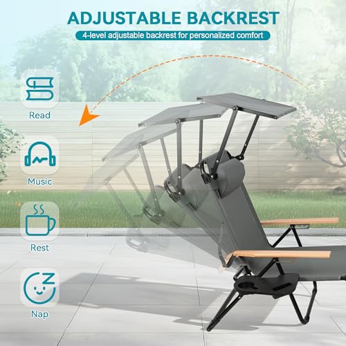Beach Lounge Chair with Sun Shade, Folding Outdoor Chaise Lounge Chair with Arms, 4-Position Backrest, Extended Sun Tanning Chair Pillow & Cup Holder, Patio Lounger for Outside for Beach Pool(Gray-U) - color: Gray-u
