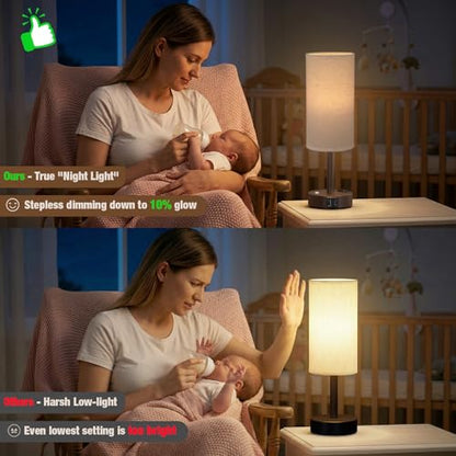 Brown Touch Bedside Lamp for Bedroom, Stepless Dimmable, USB A+C, AC Outlet | Base Touch Button Only, Memory Brightness, Ultra-dim Night Light, Included Bulb for Optimal Dimming, Beige Fabric Shade, Desk - color: Beige & Brown