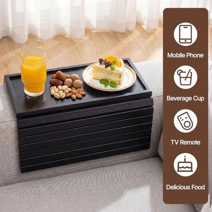 Bamboo Sofa Armrest Tray, Foldable Couch Arm Tray Side Table, 2 in 1 Anti-Falling Armrest Tables Cup Holder for Snacks, Drinks, Beers, Phone, Control, Flexible and Portable, Anti-Slip, (Black) - color: Black