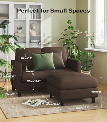 Welzona Loveseat Sofa with Ottoman, 51" Small L Shaped Teddy Couch Sofa | Comfy Teddy Fabric, Tool-free Setup, Washable Covers, All-wood Couch Sets for Living Room, Bedroom, Small Spaces, Brown - color: Brown, size: loveseat & ottoman