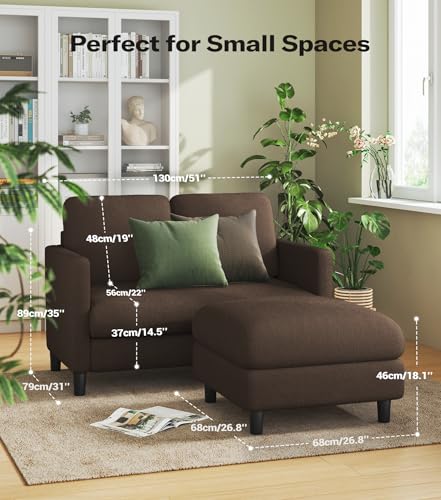 Welzona Loveseat Sofa with Ottoman, 51" Small L Shaped Teddy Couch Sofa | Comfy Teddy Fabric, Tool-free Setup, Washable Covers, All-wood Couch Sets for Living Room, Bedroom, Small Spaces, Brown - color: Brown, size: loveseat & ottoman