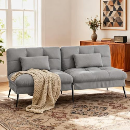 COMHOMA 72″ Convertible Futon Sofa Bed, Adjustable Backrest, Grey | Breathable Fabric Futon Couch with Pillows,Multi-angle Ergonomic Reclining,Space-saving Sleeper Sofa for Living Room - color: Grey