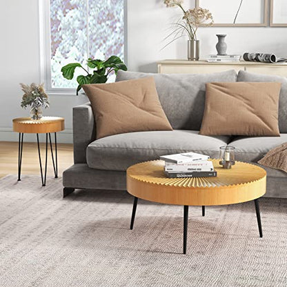 Giantex Boho Round Coffee Table Set of 2, Sofa Side Nesting Table with Solid Pine Wood Top, Metal Legs & Adjustable Foot Pads, 31.5" D Large Table Set for Living Room (Radial Pattern, Natural) - color: Natural, style: Radial Pattern