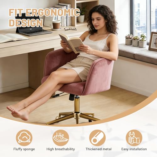 Vanity Chair with Back 360 Swivel Armchair and Gold Base, Criss Cross Chair with Wheels for Vanity Home Office, Living Room, Bedroom and Study (Pink) - color: Pink