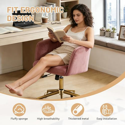 Vanity Chair with Back 360 Swivel Armchair and Gold Base, Criss Cross Chair with Wheels for Vanity Home Office, Living Room, Bedroom and Study (Pink) - color: Pink
