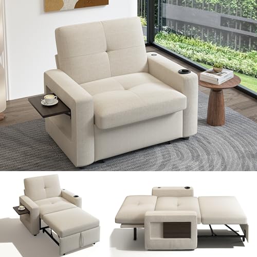 Sunny Heart 42.5" W Oversized Sleeper Chair Bed, 3-in-1 Convertible Reclining Sofa Chair with Pull Out Couch Bed, Adjustable Backrest, Side Pockets, Cup Holder, USB Ports & Side Table, Premium Beige - color: Beige, size: 42.5 inch