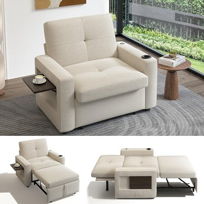 Sunny Heart 42.5" W Oversized Sleeper Chair Bed, 3-in-1 Convertible Reclining Sofa Chair with Pull Out Couch Bed, Adjustable Backrest, Side Pockets, Cup Holder, USB Ports & Side Table, Premium Beige - color: Beige, size: 42.5 inch