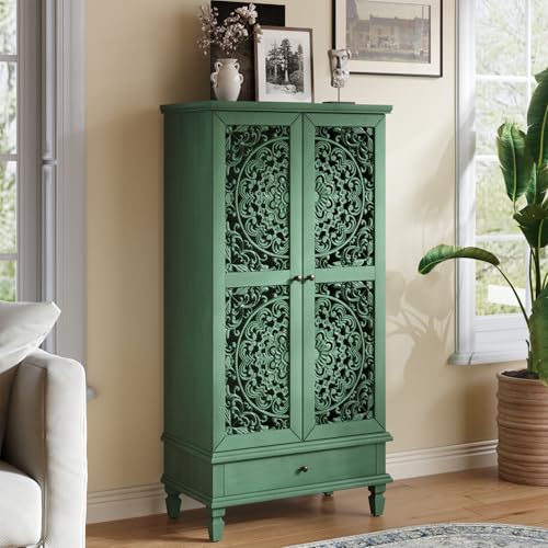 Accent Cabint with Doors, 55" Tall Vintage Storage Cabinet Green | Modern Mid Century Cabinet Hollow Carved Door Pantry with 1 Drawer Accent Furniture For Living Ding Room Entryway Hallway - color: Green55"