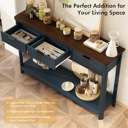 RUSTOWN Fluted Wood Console Table with 3 Drawers, 47.2" Boho Entryway Table | Narrow Behind Couch Sofa Table, Open Storage Shelf, Curved legs, 2 Tier Modern Farmhouse Hallway Table for Living Room, Foyer - color: Navy Blue