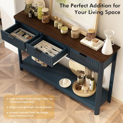 RUSTOWN Fluted Wood Console Table with 3 Drawers, 47.2" Boho Entryway Table | Narrow Behind Couch Sofa Table, Open Storage Shelf, Curved legs, 2 Tier Modern Farmhouse Hallway Table for Living Room, Foyer - color: Navy Blue