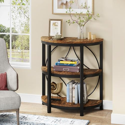 Tribesigns Half Round End Table for Living Room, 3-Tier Half Circle Side Table with Metal Frame, Industrial Half Moon Table, Half Coffee Accent Table Bedside Table for Bedroom, Brown - color: Rustic Brown