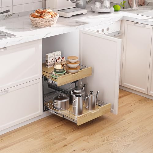 Sikarou Pull Out Cabinet Organizer,Heavy-Duty Slide Out Shelf, Wood and Wire Basket, Pull Out Drawer for for Kitchen Under Sink Space, Pantry, Bathroom, 2 Tie 11 * 21 in - size: 2-TIE 11*21 WM