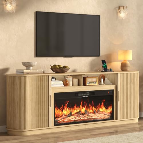 85.6" Fireplace TV Stand for TV Up to 90",Entertainment Center with 40" Electric Fireplace,Simulates 12 Flame Colors,Countertop with Power Outlet, Large Capacity, for Living Room,Natural Oak - color: Oak