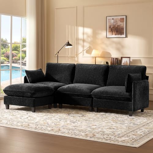 Ihanherry 105" Modular Sectional Sofa, L-Shaped Cloud Couch with Oversized Large Cushions & Movable Ottoman, Chenille Deep Seat Couch for Living Room, Black - color: Black, size: 105“ 4 Seat L Sofa