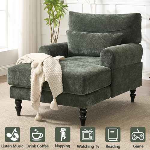 Chaise Lounge Chair Indoor Bedroom, Comfy Lounge Chair with Wide Armrest & Backrest for Small Space, Thick Cushion, High-Density Foam, Waist Pillow, Chenille (Green) - color: Green