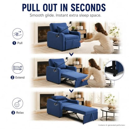 Majnesvon Convertible Chair Bed 3 in 1, Sofa Bed Chair (Blue) | with Adjustable Backrest & Charging Station, Small Space One Person Couch for Apartment, Office, Living Room, Bedroom - color: Blue