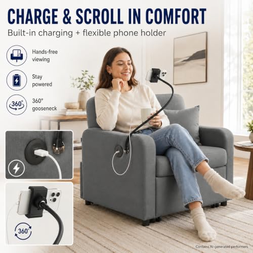Majnesvon Convertible Chair Bed 3 in 1, Sofa Bed Chair (Dark Gray) | with Adjustable Backrest & Charging Station, Small Space One Person Couch for Apartment, Office, Living Room, Bedroom - color: Dark Gray