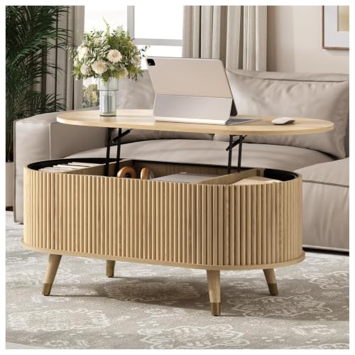 JOINICE Oval Lift Top Coffee Table with Storage for Living Room,43",Oak | Large Hidden Storage,Boho Fluted Panel,Pop Up Center Table with Wooden Legs,Lifts to 22.4",Holds 88lbs,Easy Assembly - color: Oak_oval