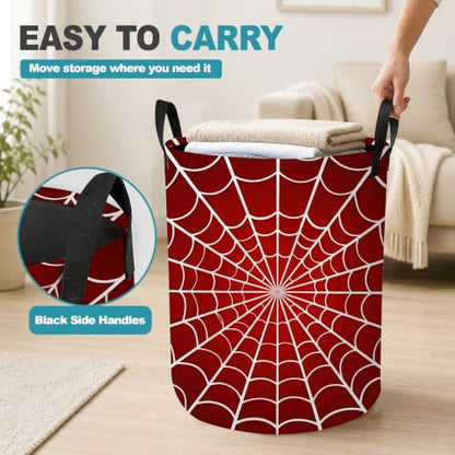 Red Spider Web Dirty Clothes Hamper,Foldable Laundry Basket with Handles,Halloween Gothic Waterproof Oxford Cloth Storage Bin for Bedroom Bathroom Nursery,16 x 20 Inch - color: Red Spider Web,Halloween Gothic