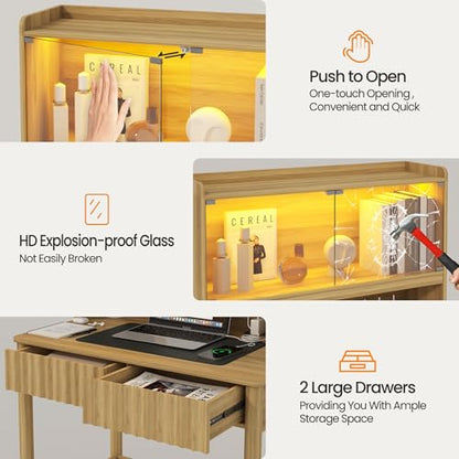 Lvifur 31.5" LEDStudy Desk with Hutch,Outlets,Reading Lights | Computer Desk with Charging Station,2 Drawer,Compact Writing Desks,Home Office Desks for Bedroom,Natural - color: Natural