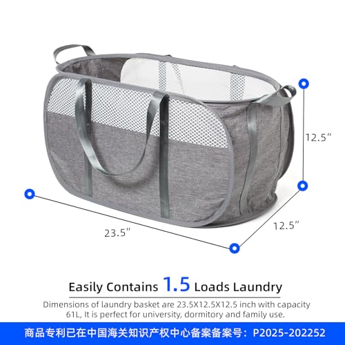 Pop Up Laundry Hamper, Holds 1.5 Loads, Honeycomb Breathable Laundry Basket | Designed at Dryer-Door Height for Easy Unloading, Collapsible with Strong Handles, Lightweight Carry, Tear-Proof Mesh