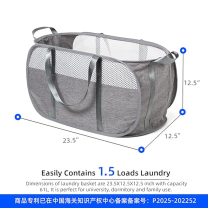 Pop Up Laundry Hamper, Holds 1.5 Loads, Honeycomb Breathable Laundry Basket | Designed at Dryer-Door Height for Easy Unloading, Collapsible with Strong Handles, Lightweight Carry, Tear-Proof Mesh