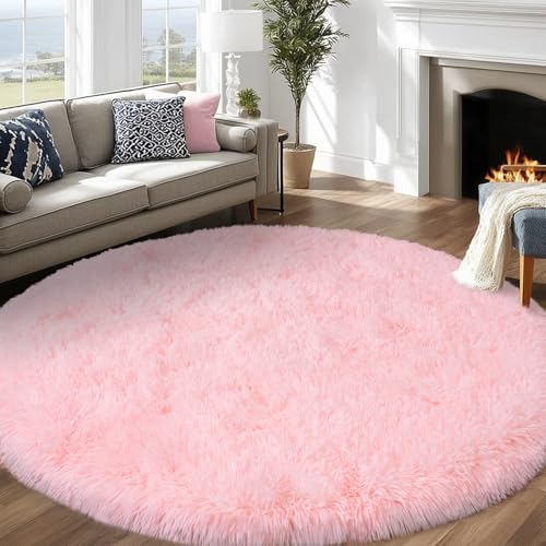 7ft Pink Round Shag Rug for Girls Bedroom, Washable Non-Slip | Soft Fluffy Pink Circle Rug for Kids Room Dorm Living Room Home Decor, Thick Memory Sponge, Flame Resistant - color: Pink, size: 7' (Round)