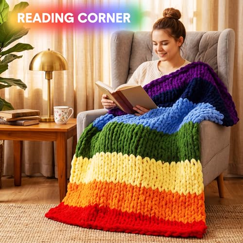 Rainbow Chunky Knit Throw Blanket 50"x60" Soft Knitted Throw Chenille Yarn Handmade Crochet Big Thick Blanket Rope Knot Blankets for Couch Sofa Bed Home Decoration