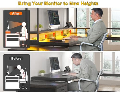EnHomee 64x59 Inch Two Person L Shaped Gaming Desk with Shelf & LED Lights | 4-Layout with 4 AC+2 USB Charging Ports, Remote Lights for Gaming Room, Black - color: Black