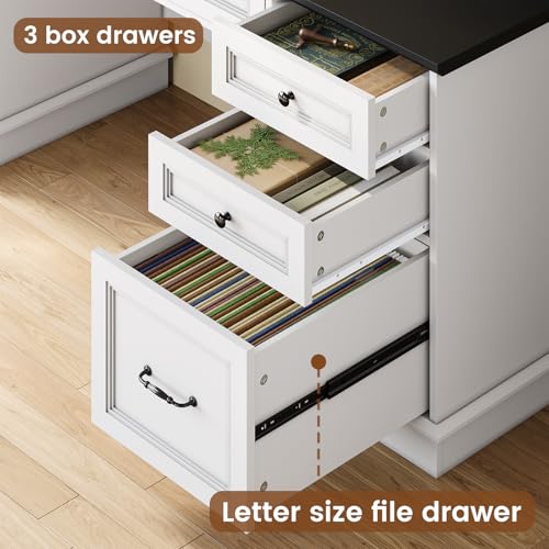 HAUOMS Farmhouse Executive Desk Computer Desk with Drawers, White | Executive Office Desk with File Drawers, Power Outlet, Led Lights, Storage Cabinet and Monitor Shelf for Home Office - color: White