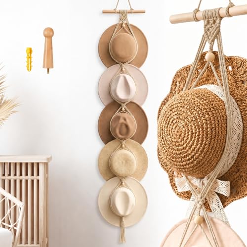 Macrame Hat Hangers Racks Boho Cowboy Hats Holders Western Display Organizer Storage decor Back of Door for Wall(Beige,Five Hats Style) - color: Beige, style: Five Hats Style