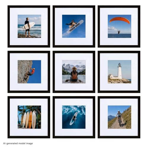 HEART ART 10x10 Black Picture Frame 6x6 with Mat Set of 9 | Gallery Wall Frame Set, Collage, Square Picture Frames - color: Black, size: 10x10 for 6x6