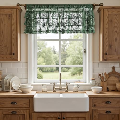 Kotile Emerald Green Lace Ruffle Valance for Windows W52 x L18 Inch 1 Panel | Rod Pocket, Textured Lace Shows Frills, Scatters Light, Vintage Floral, Jewel-Tone Decor Style, Short Top Volume, Privacy - color: Emerald Green - Ruffle Lace