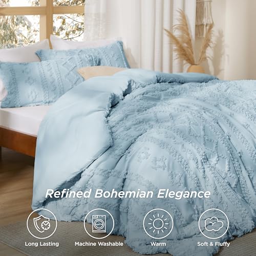 Bedsure Tufted Boho Comforter Set Twin Size - Sky Blue Boho Bed Set, GentleSoft™ 2 Pieces Farmhouse-Style Embroidery Bedding, Gifts for Woman, Soft Jacquard Kids' Twin Comforter for All Seasons - color: 20 - Sky Blue - Elegant, size: Twin/Twin XL