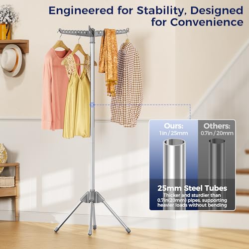 KINGBOARD Clothes Drying Rack, 59" H Laundry Drying Rack, 3 Rotatable Arms | 360° Rotatable Arms, 27 Hanger Holes, Stainless Steel, Tool-Free Setup, Portable for Travel & Small Home, Indoor, 27lbs Hold - size: 1 Tier