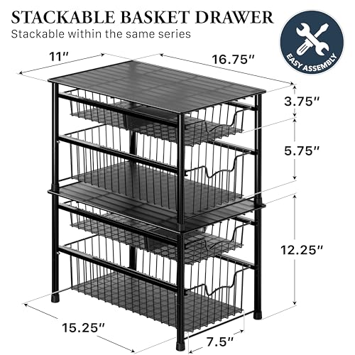 Simple Houseware Stackable Sliding Basket Organizer Drawer, Black, 2-Tier - color: Black, size: 2-tier