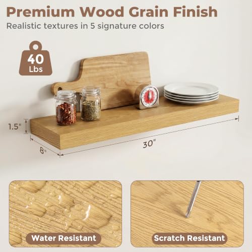 8 inch Deep Floating Shelves for Wall, 30" Wide, Oak Finish, 2-Pack | Engineered Wood Wall Shelves with Invisible Brackets for Living Room, Bedroom, Bathroom, Office & Kitchen Storage - color: Oak Finish, size: 30"W x 8"D, 2p