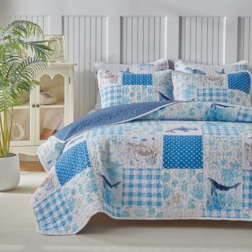 Patchwork Coastal Quilt Sets King Size - Reversible Microfiber Dolphin Turtle Ocean Style with Blue Whale Seahorse Soft Beach Bedding Nautical Bedspread Coverlet Summer Comforter with 2 Shams - color: Blue Whale, size: King-102*88in