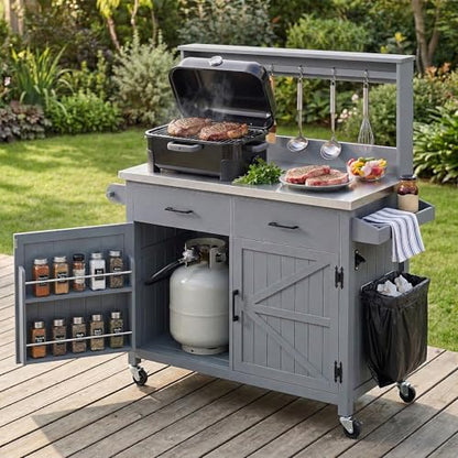54.1" Outdoor Kitchen Island with High Shelf, Stainless Steel Top & Lockable Wheels, Solid Wood Grill Cart for BBQ, Potting Bench with Storage Cabinet & Adjustable Shelves (54.1" Grey Blue) - color: 54.1" Grey Blue