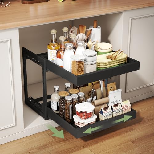 Abalter Expandable Pull Out Cabinet Organizer(12-18.5" W x 21" D), 2-Tier Slide Out Drawer for Kitchen Cabinets, Slide Out Shelves for Kitchen Countertop, Bathroom, Pantry, Heavy Duty Caddy(Black) - color: Black, size: 20.7"D×12"-18.5"W
