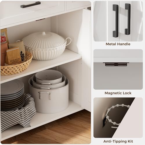 Homhedy Coffee Bar Storage Cabinet with Drawers, Kitchen Buffet Cabinet | Sideboard Cabinet with Doors, Farmhouse Buffet Cabinet, Adjustable Shelves, for Kitchen / Dining / Living Room, White - color: White
