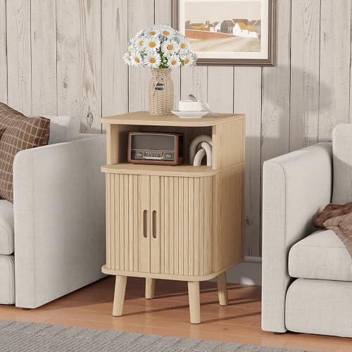 Alohappy Nightstand Set of 2, Mid Century Modern End Table with Storage, Fluted Bedside Table, Wooden Curved Profile Night Stands with Sliding Tambour Door for Bedroom, Living Room, Light Oak - color: Light Oak