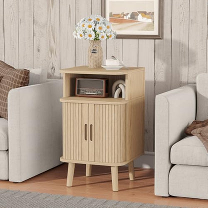Alohappy Nightstand Set of 2, Mid Century Modern End Table with Storage, Fluted Bedside Table, Wooden Curved Profile Night Stands with Sliding Tambour Door for Bedroom, Living Room, Light Oak - color: Light Oak